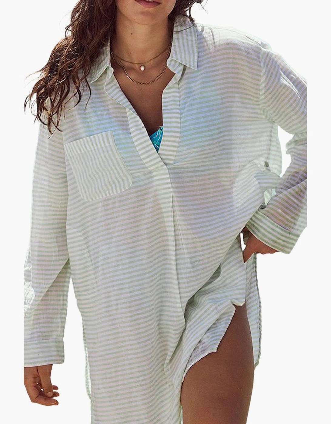 White Stripe Collared V Neck Chest Pocket Long Sleeve Beach Cover up