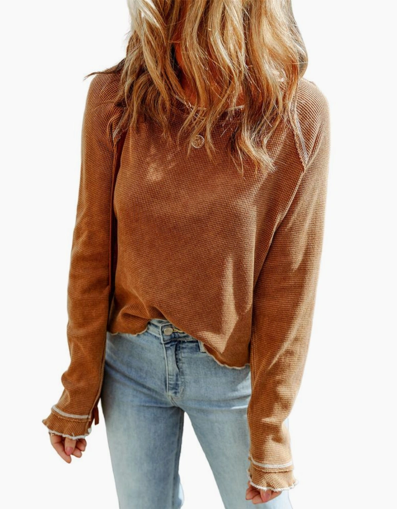 Brown Textured Round Neck Long Sleeve Top