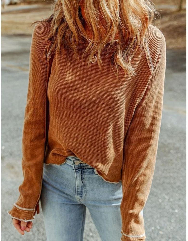 Brown Textured Round Neck Long Sleeve Top