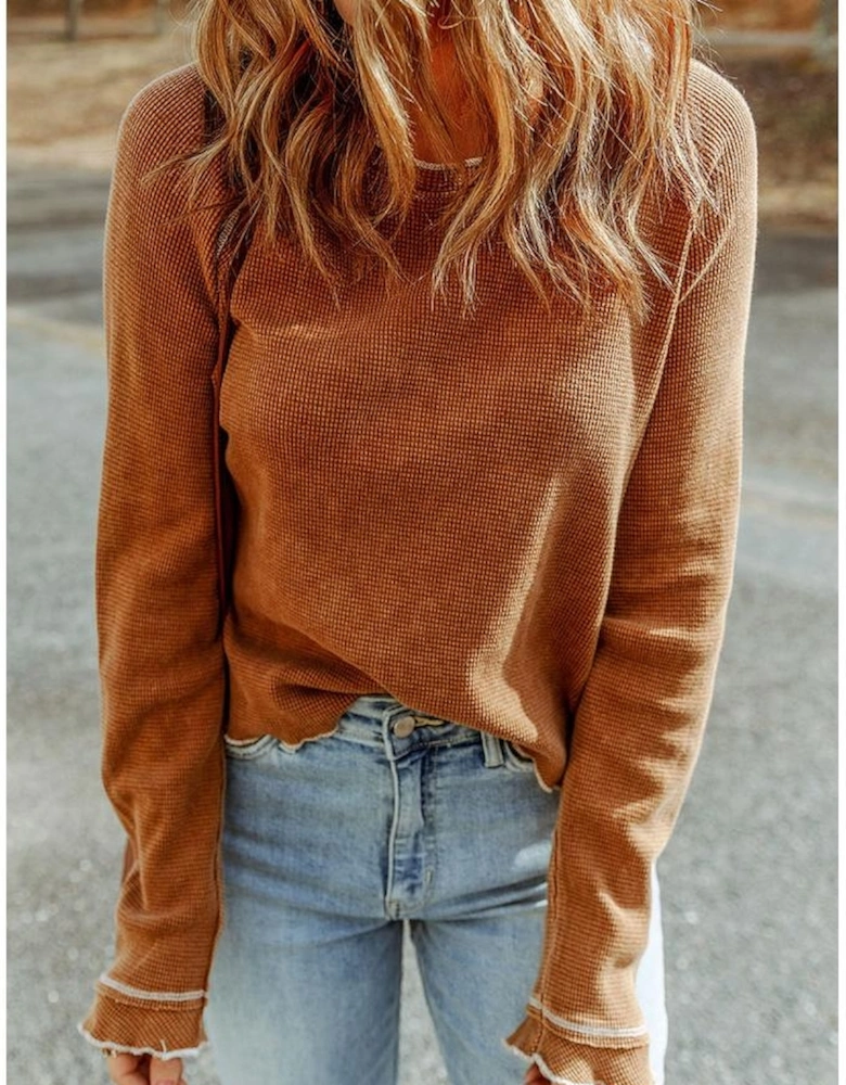 Brown Textured Round Neck Long Sleeve Top