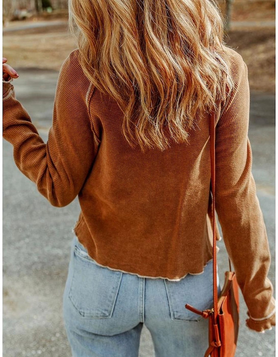 Brown Textured Round Neck Long Sleeve Top