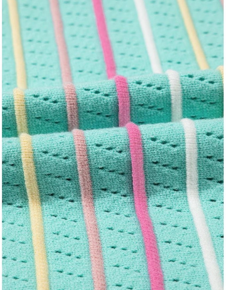 Green Colorful Striped Eyelet Knit Ruffled Sleeve Sweater T Shirt