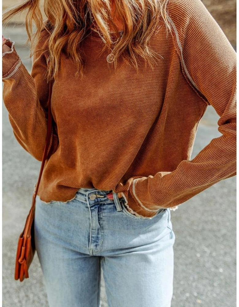 Brown Textured Round Neck Long Sleeve Top