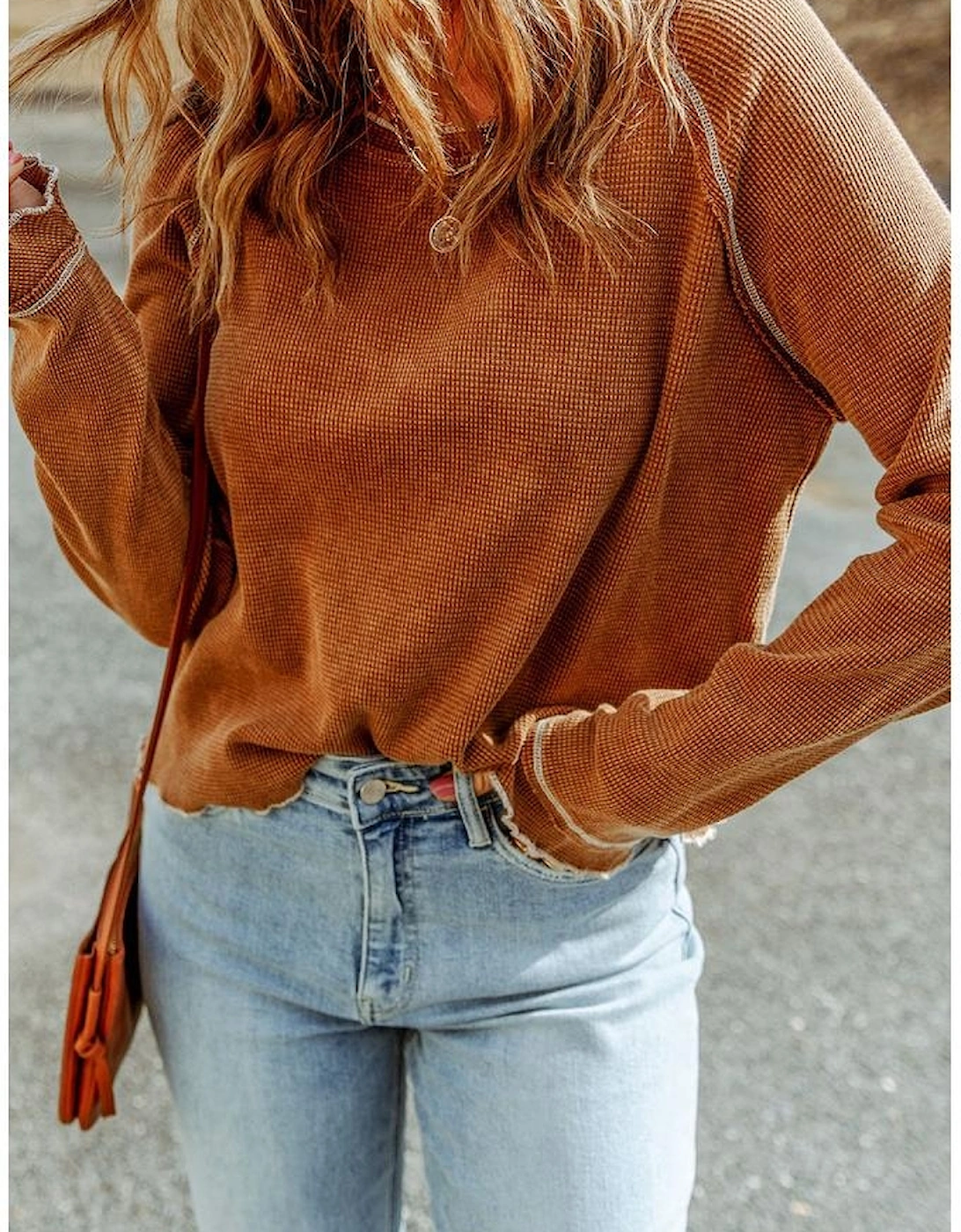 Brown Textured Round Neck Long Sleeve Top