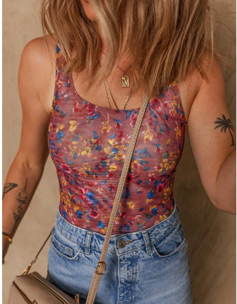 Purple Floral Printed Mesh U Neck Sleeveless Bodysuit