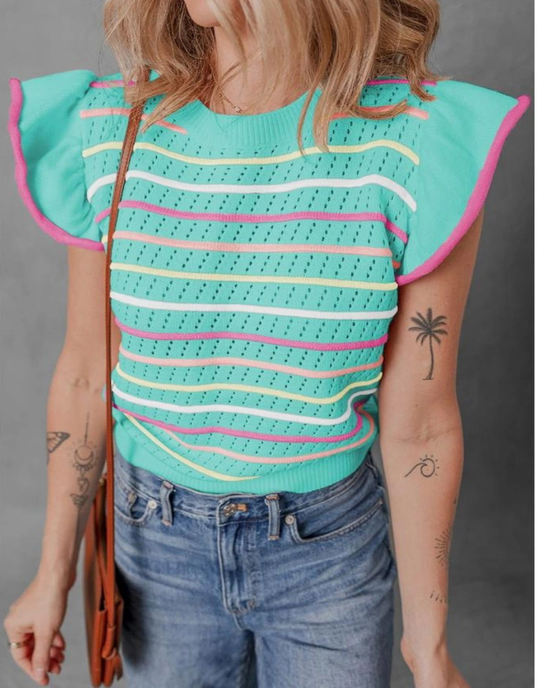 Green Colorful Striped Eyelet Knit Ruffled Sleeve Sweater T Shirt