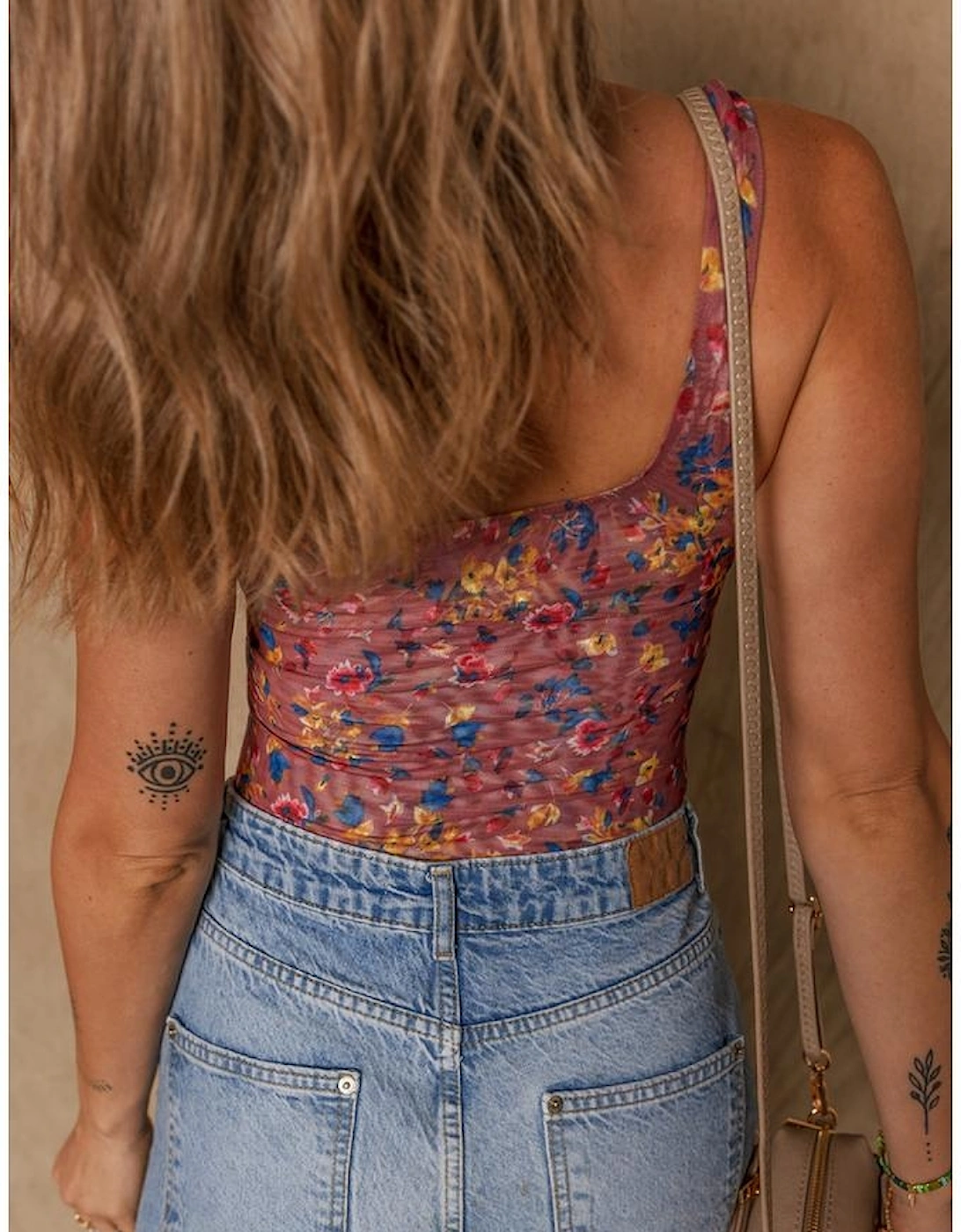 Purple Floral Printed Mesh U Neck Sleeveless Bodysuit, 9 of 8