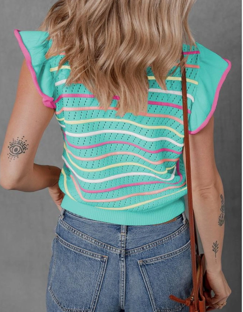 Green Colorful Striped Eyelet Knit Ruffled Sleeve Sweater T Shirt