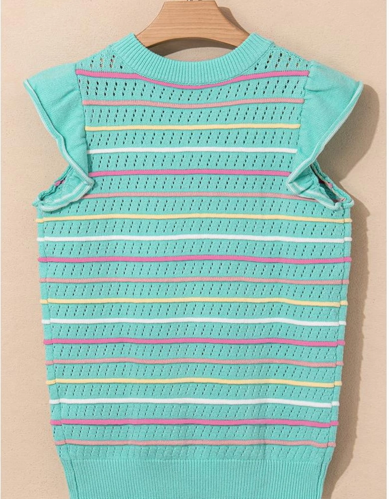 Green Colorful Striped Eyelet Knit Ruffled Sleeve Sweater T Shirt