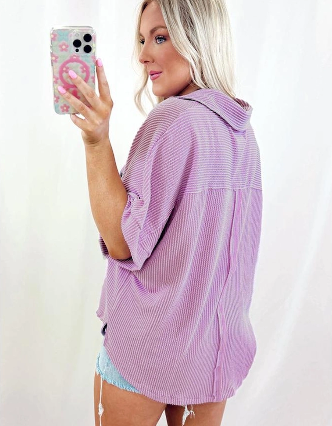 Orchid Bouquet Corded Flap Pocket Collared Buttoned Short Sleeve Blouse, 13 of 12