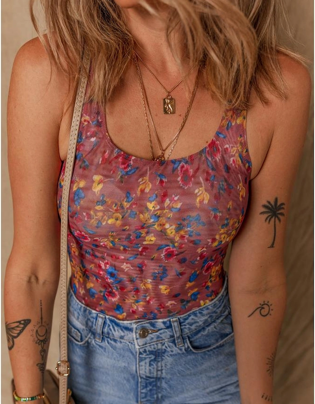 Purple Floral Printed Mesh U Neck Sleeveless Bodysuit