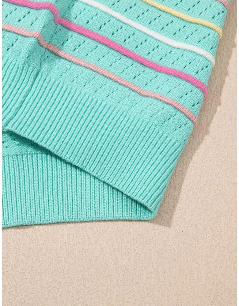 Green Colorful Striped Eyelet Knit Ruffled Sleeve Sweater T Shirt