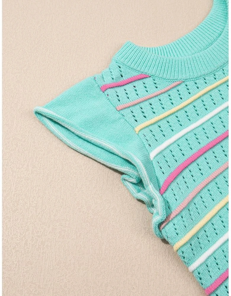 Green Colorful Striped Eyelet Knit Ruffled Sleeve Sweater T Shirt