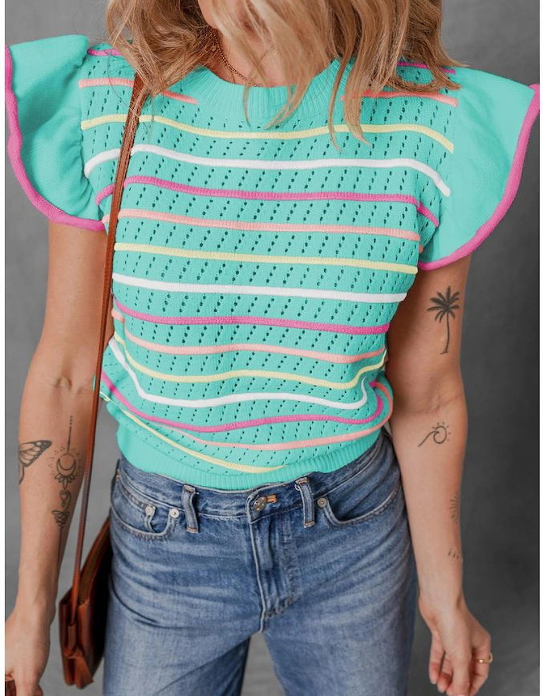 Green Colorful Striped Eyelet Knit Ruffled Sleeve Sweater T Shirt