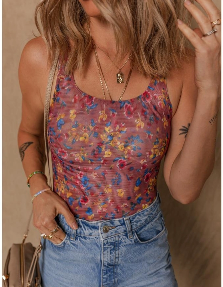Purple Floral Printed Mesh U Neck Sleeveless Bodysuit