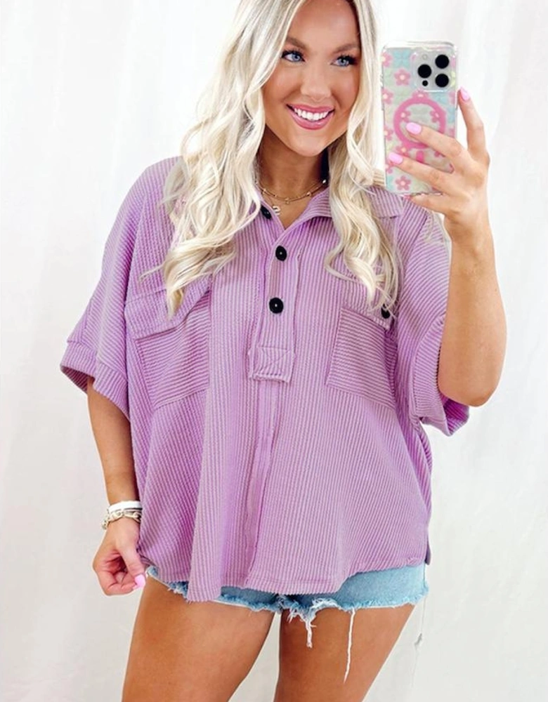 Orchid Bouquet Corded Flap Pocket Collared Buttoned Short Sleeve Blouse