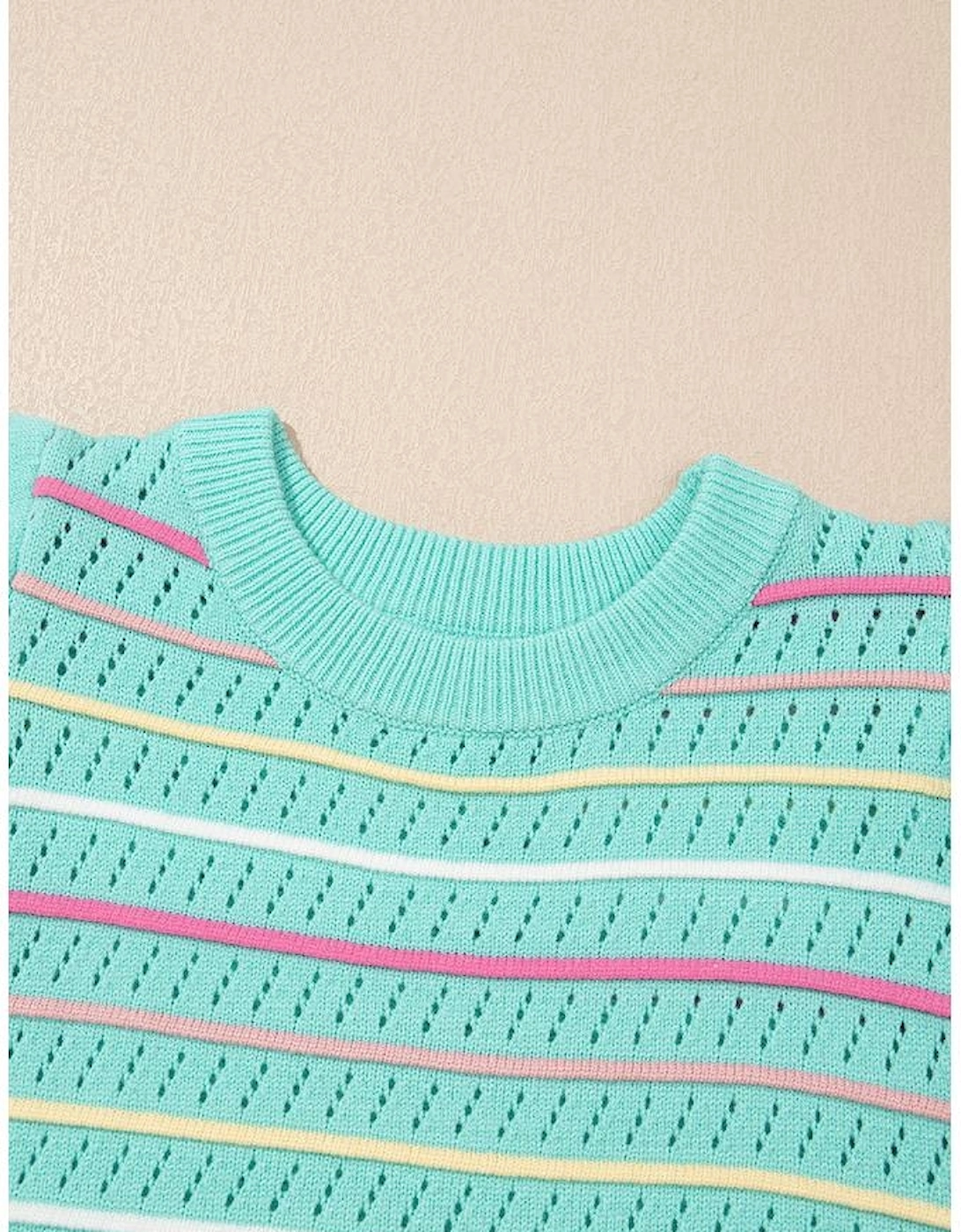 Green Colorful Striped Eyelet Knit Ruffled Sleeve Sweater T Shirt