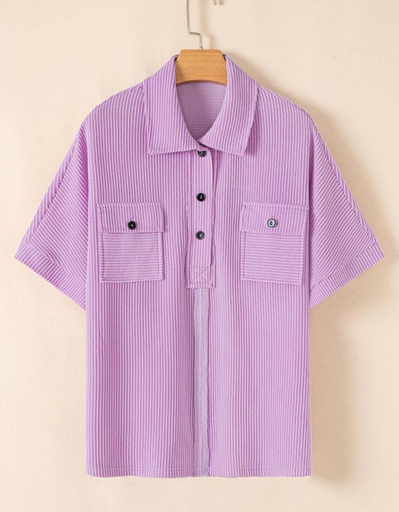 Orchid Bouquet Corded Flap Pocket Collared Buttoned Short Sleeve Blouse