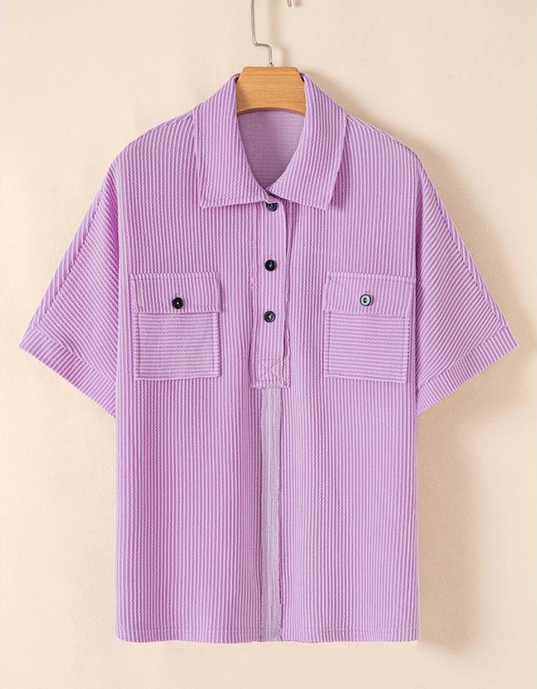 Orchid Bouquet Corded Flap Pocket Collared Buttoned Short Sleeve Blouse