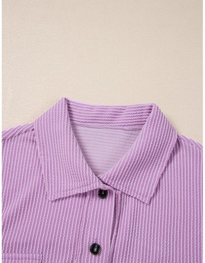 Orchid Bouquet Corded Flap Pocket Collared Buttoned Short Sleeve Blouse