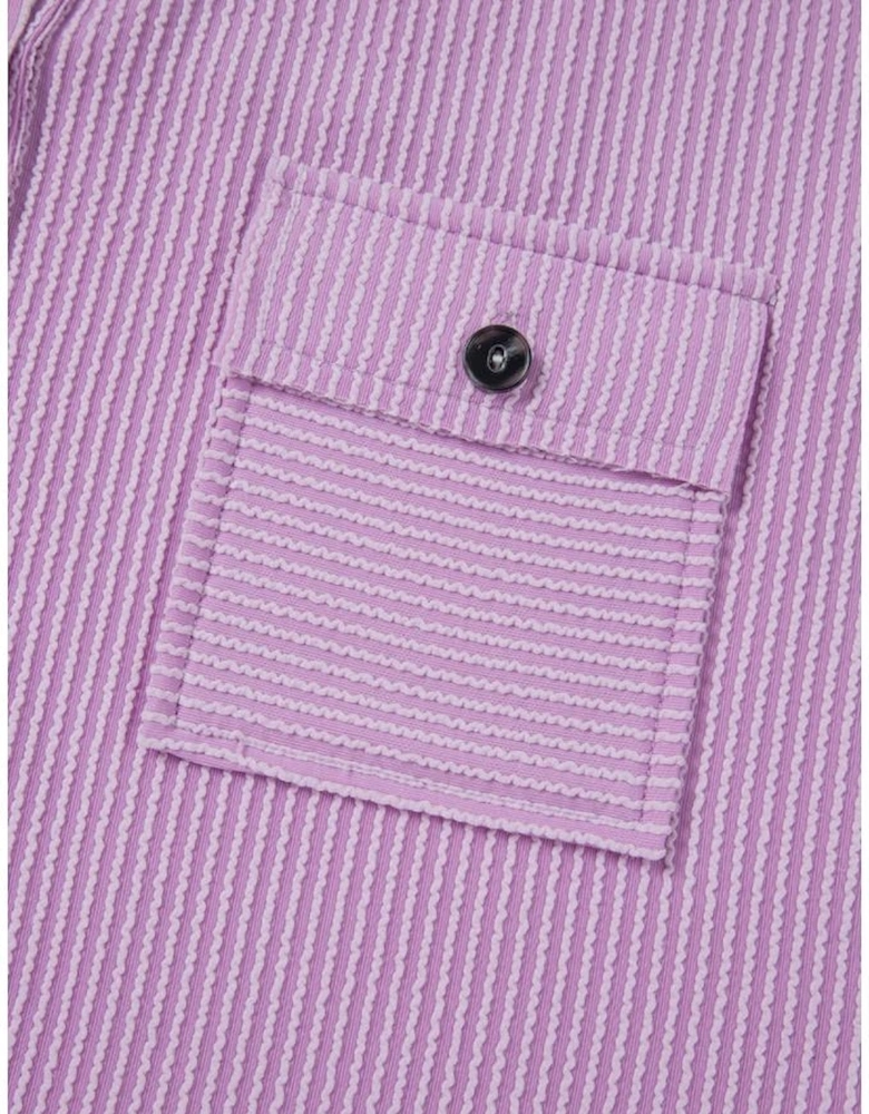 Orchid Bouquet Corded Flap Pocket Collared Buttoned Short Sleeve Blouse