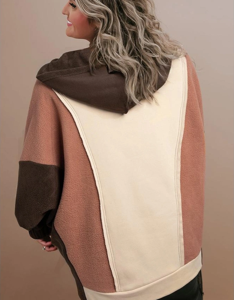 Brown Exposed Seam Colorblock Plus Size Hoodie