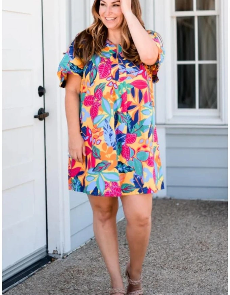 Multicolour Plus Size Leafy Print Split Neck Short Sleeve Shift Dress