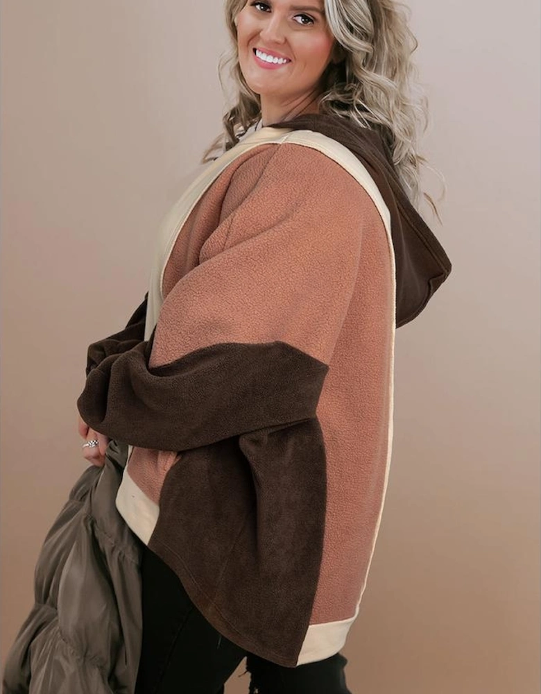 Brown Exposed Seam Colorblock Plus Size Hoodie