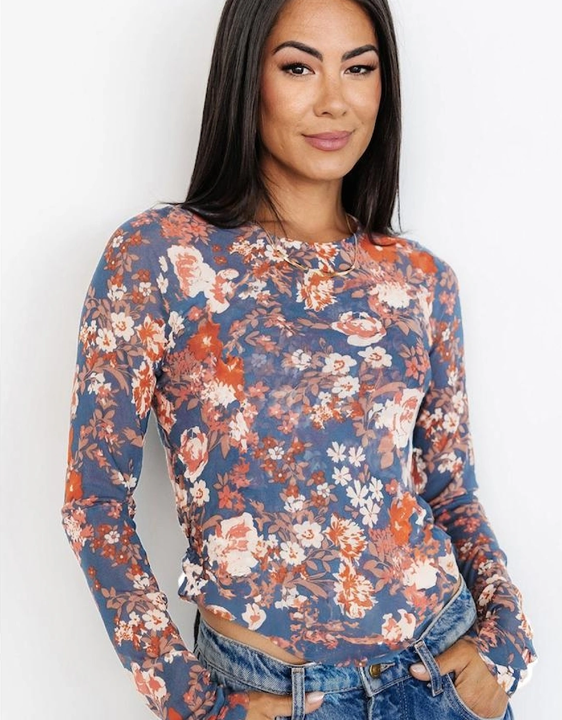 Orchid Petal Floral Print Mesh Fitted Long Sleeve Top