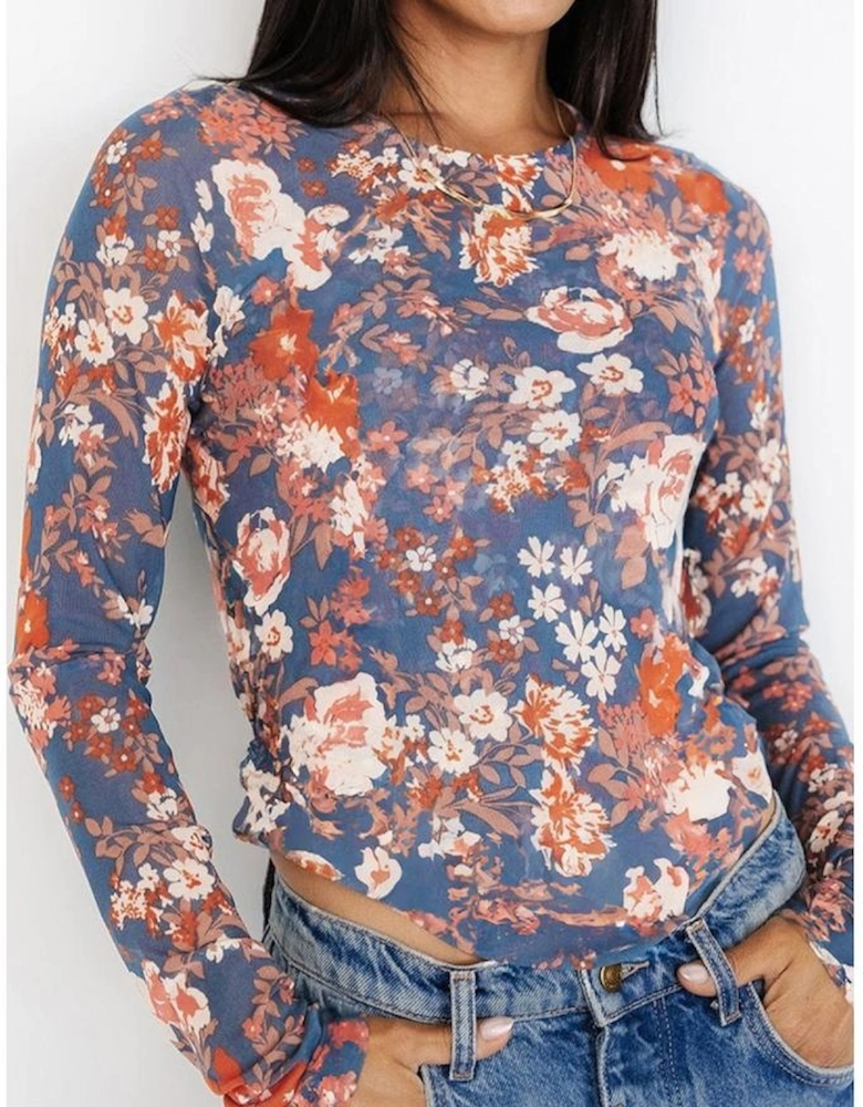 Orchid Petal Floral Print Mesh Fitted Long Sleeve Top