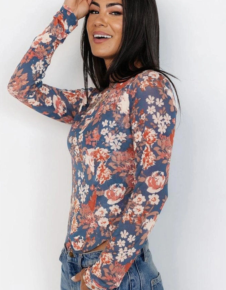 Orchid Petal Floral Print Mesh Fitted Long Sleeve Top