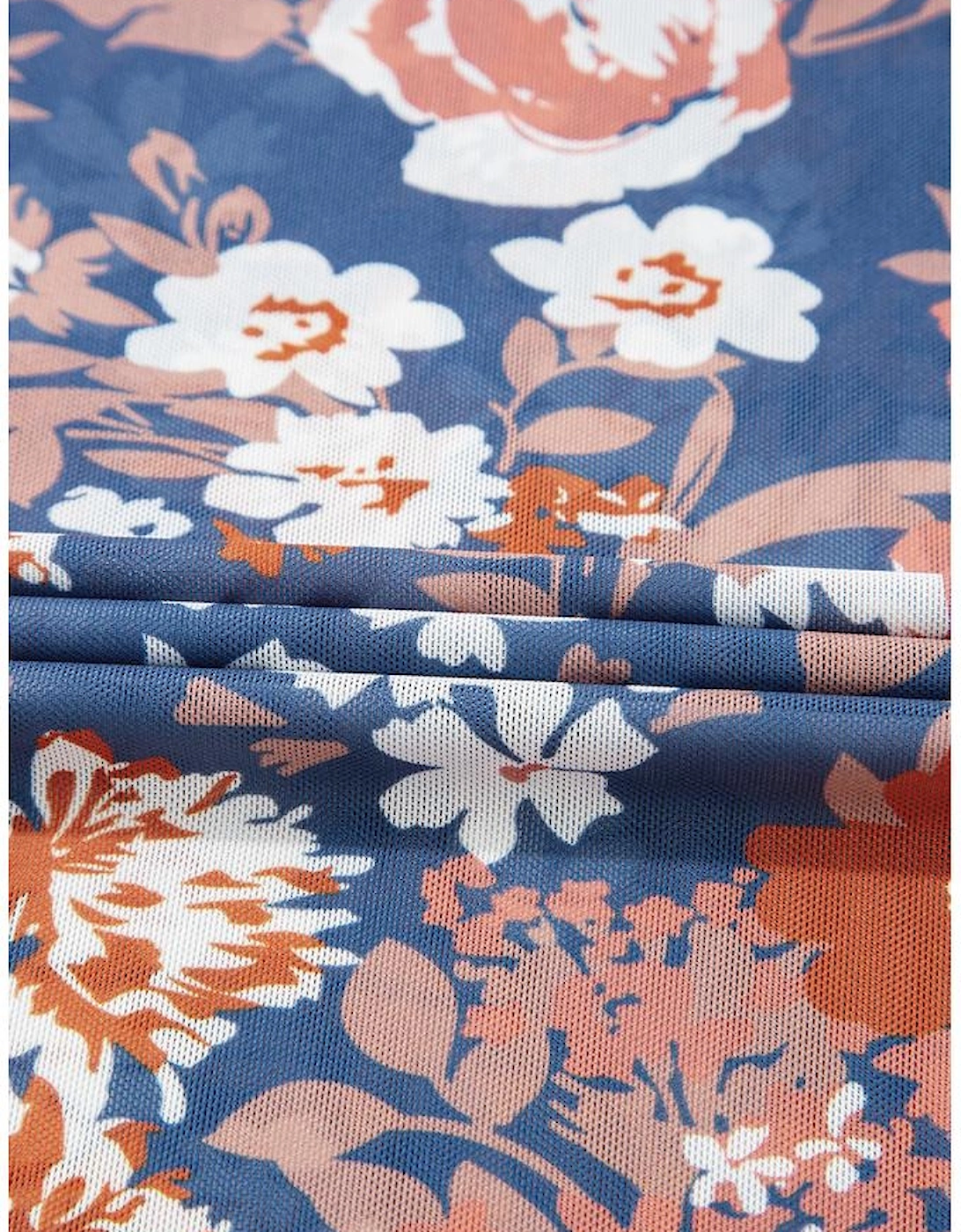 Orchid Petal Floral Print Mesh Fitted Long Sleeve Top