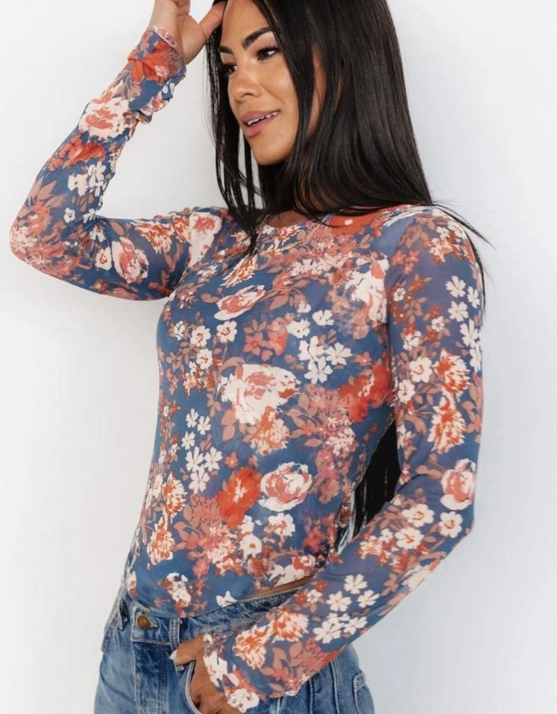 Orchid Petal Floral Print Mesh Fitted Long Sleeve Top