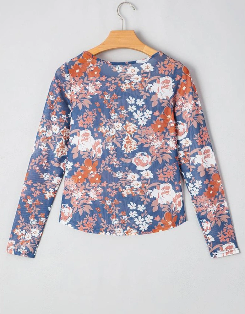 Orchid Petal Floral Print Mesh Fitted Long Sleeve Top