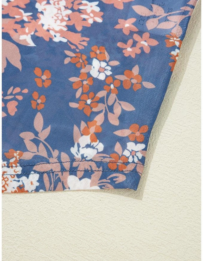 Orchid Petal Floral Print Mesh Fitted Long Sleeve Top
