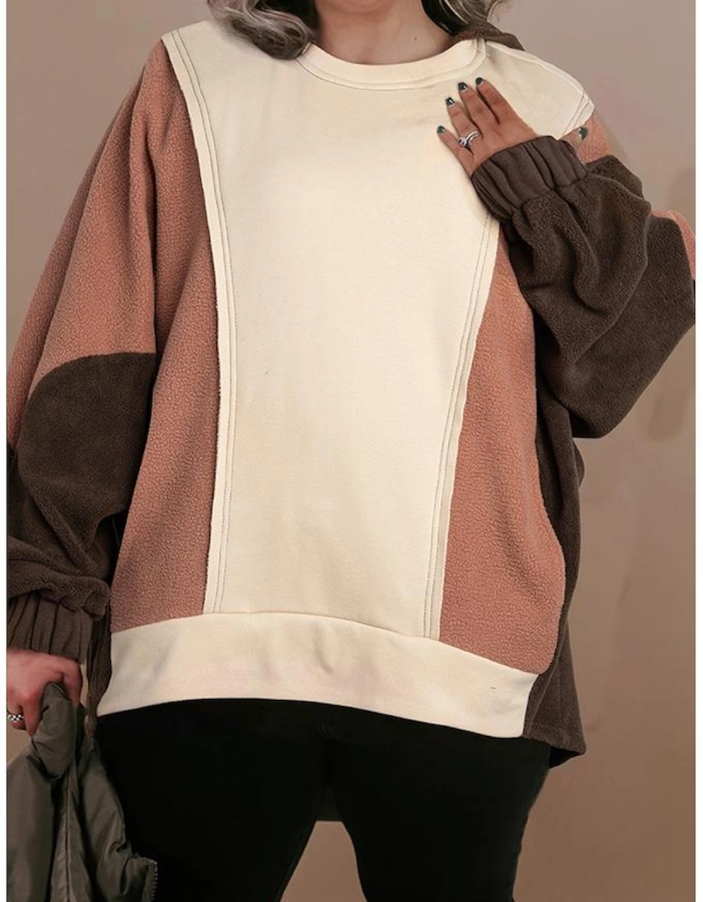 Brown Exposed Seam Colorblock Plus Size Hoodie