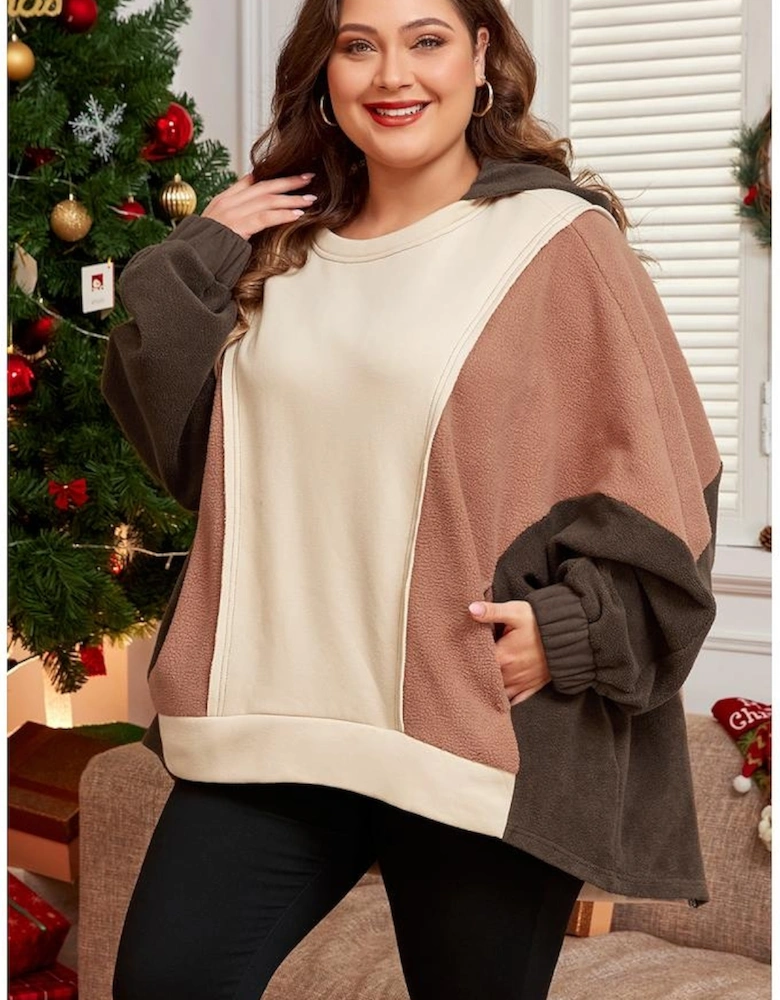 Brown Exposed Seam Colorblock Plus Size Hoodie