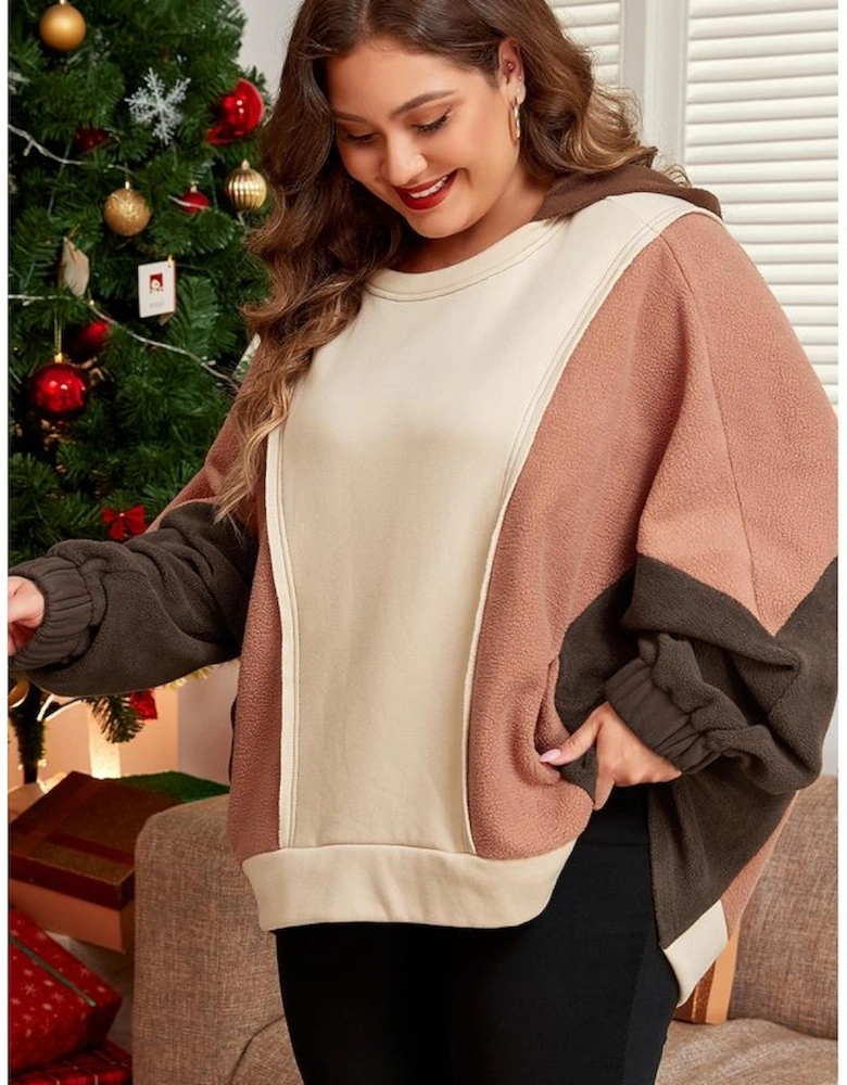Brown Exposed Seam Colorblock Plus Size Hoodie