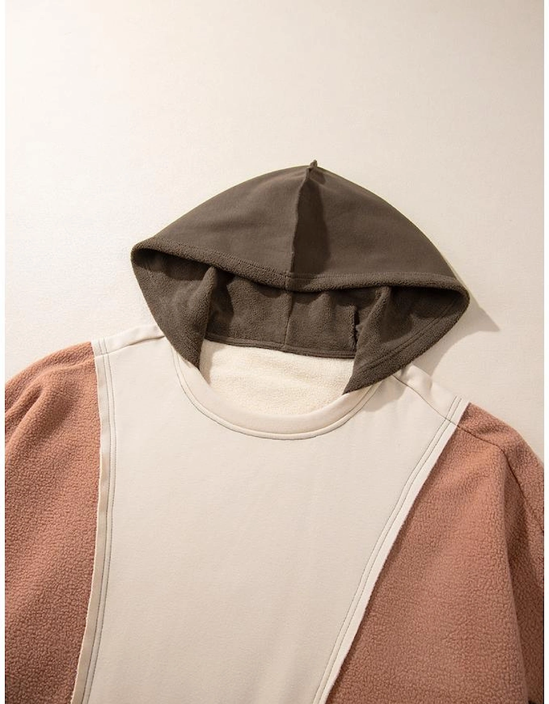 Brown Exposed Seam Colorblock Plus Size Hoodie