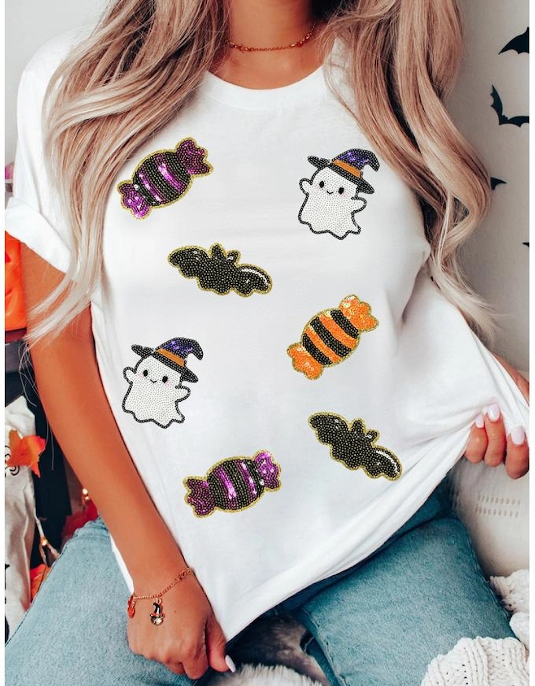 White Sequined Halloween Spirit Pattern Patched Custom Casual Tee