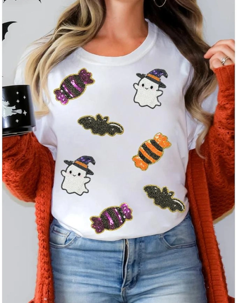 White Sequined Halloween Spirit Pattern Patched Custom Casual Tee