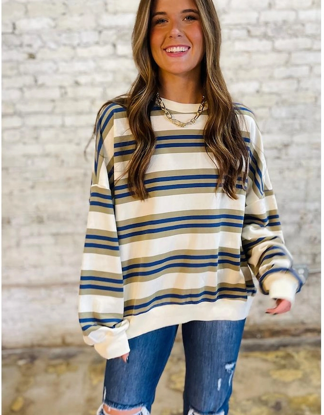 Khaki Stripe Crew Neck Drop Shoulder Pullover Sweatshirt