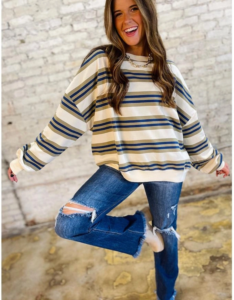 Khaki Stripe Crew Neck Drop Shoulder Pullover Sweatshirt