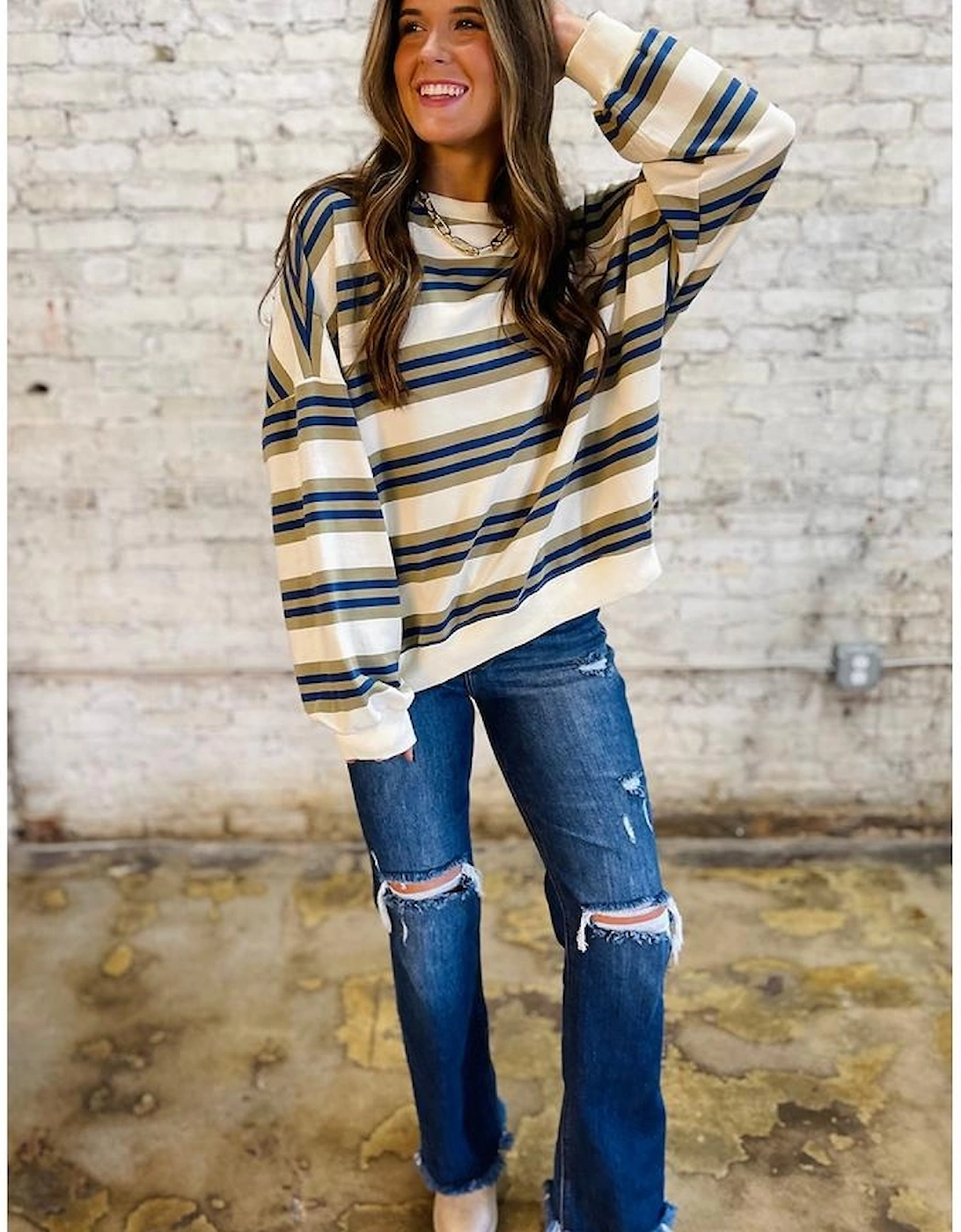 Khaki Stripe Crew Neck Drop Shoulder Pullover Sweatshirt