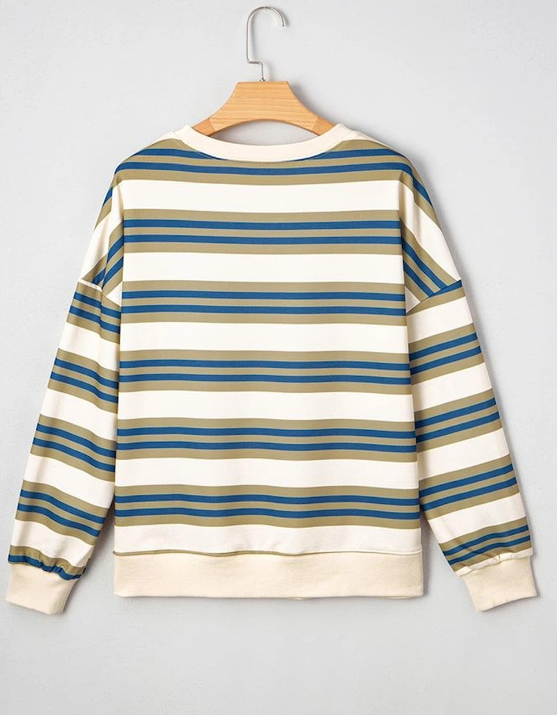 Khaki Stripe Crew Neck Drop Shoulder Pullover Sweatshirt