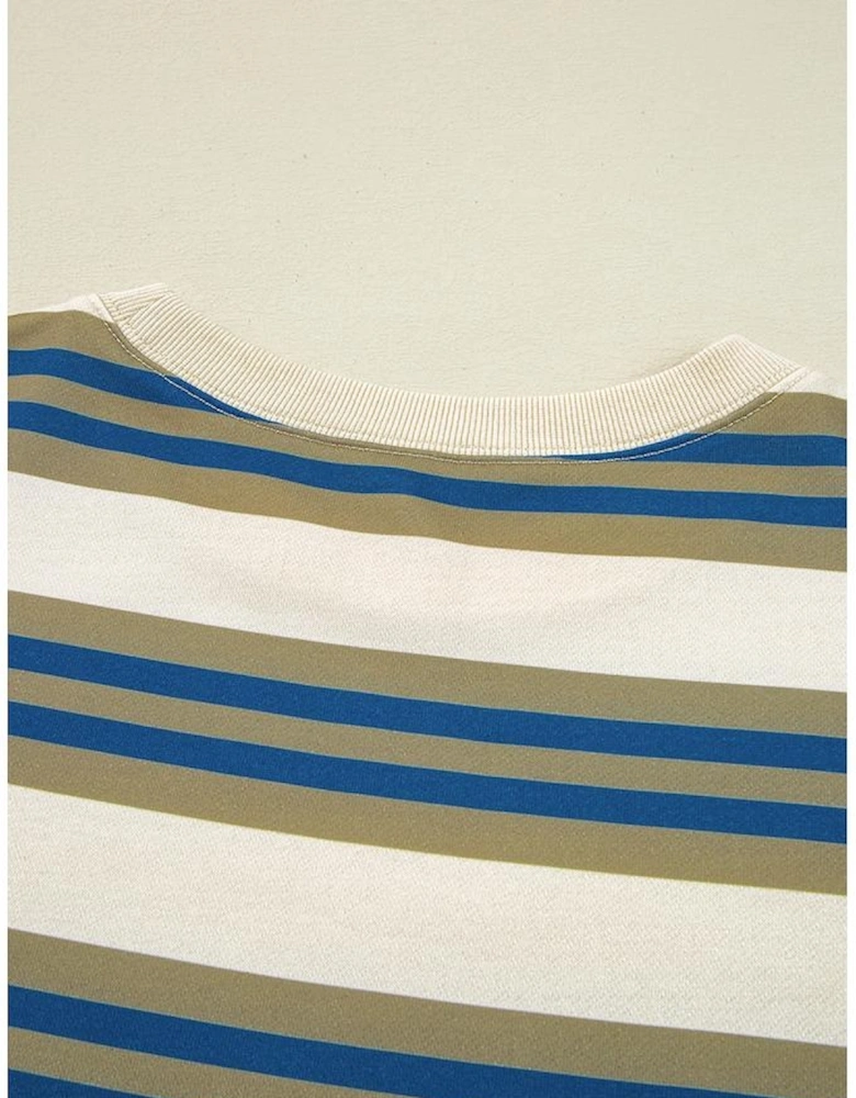Khaki Stripe Crew Neck Drop Shoulder Pullover Sweatshirt