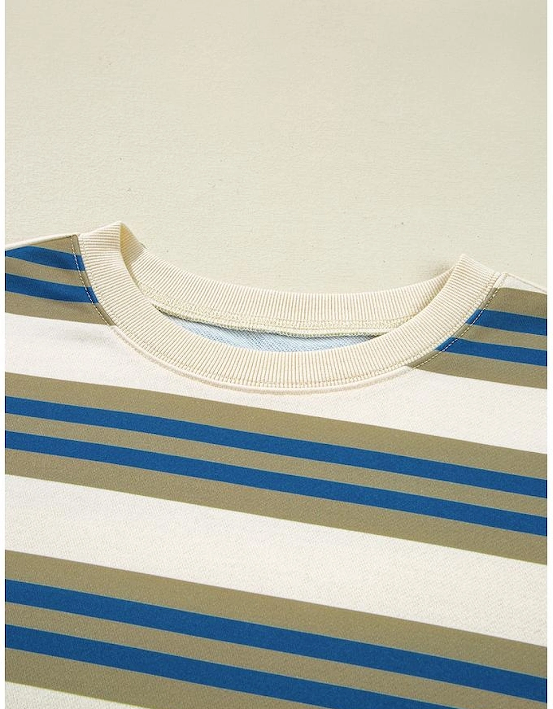 Khaki Stripe Crew Neck Drop Shoulder Pullover Sweatshirt