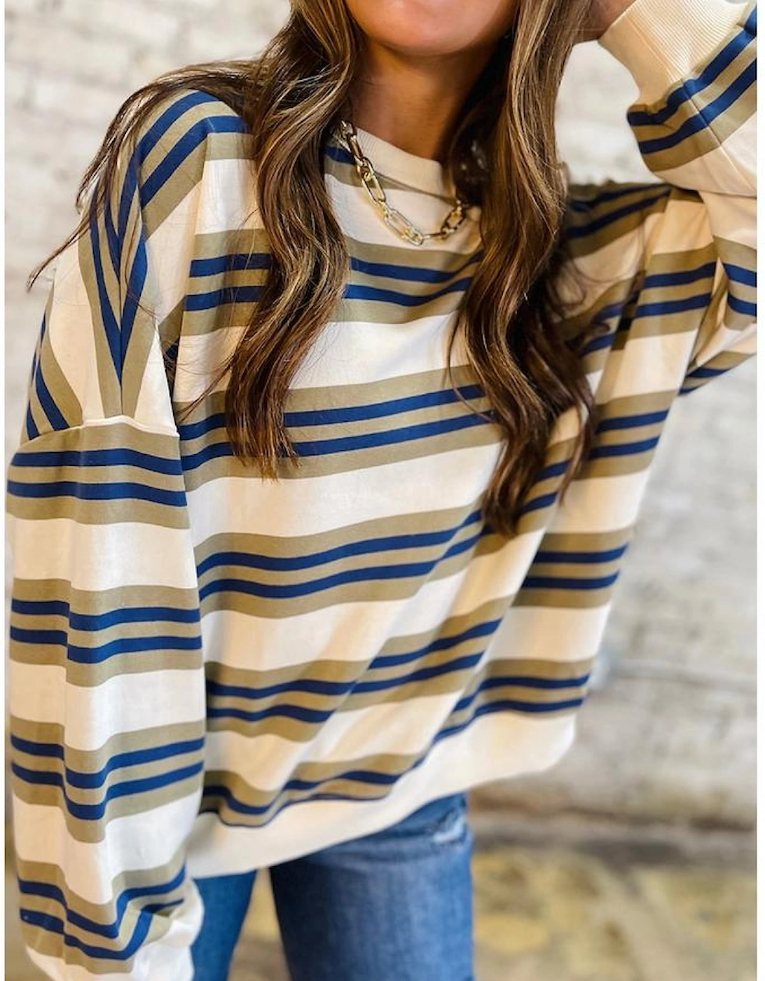 Khaki Stripe Crew Neck Drop Shoulder Pullover Sweatshirt