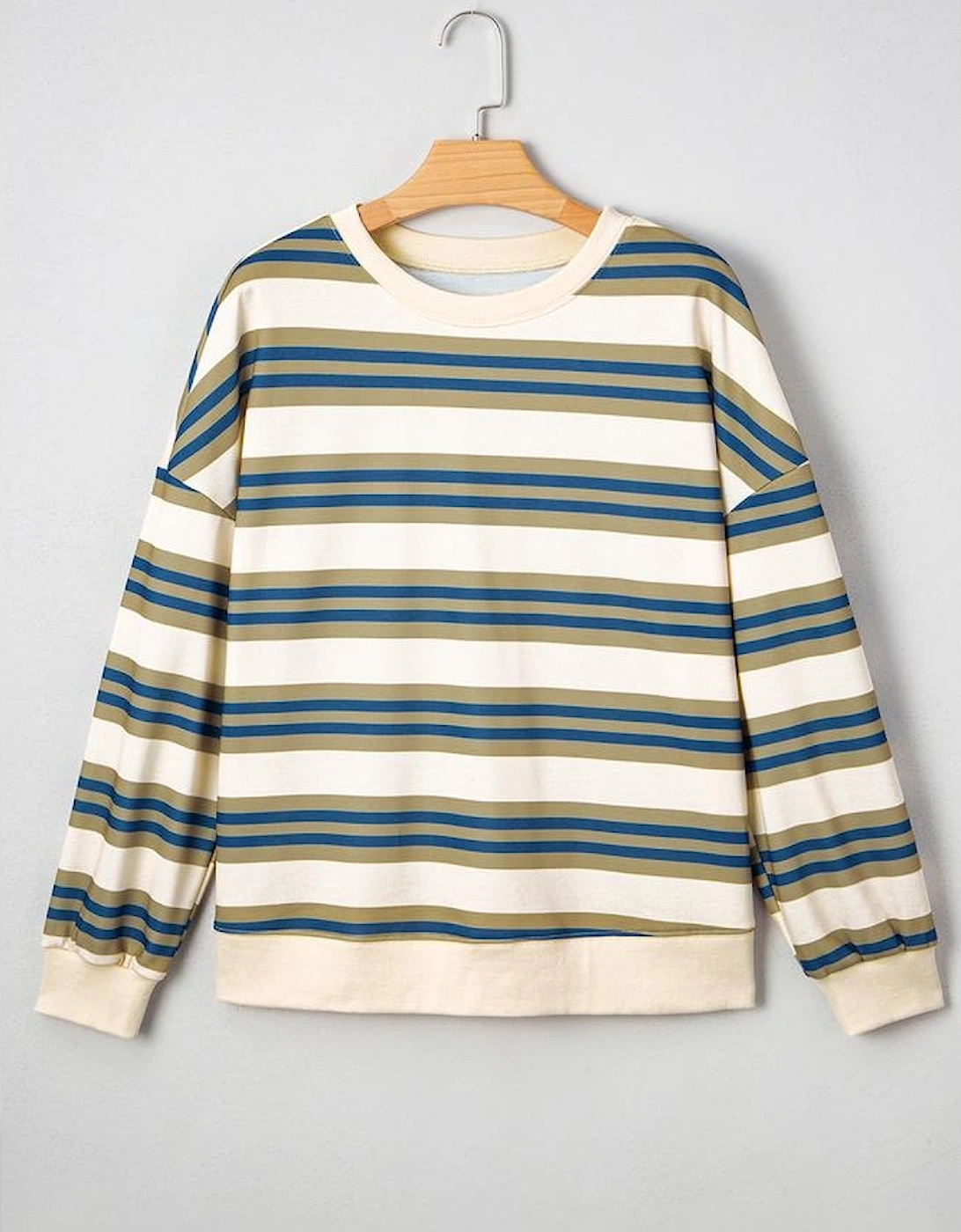 Khaki Stripe Crew Neck Drop Shoulder Pullover Sweatshirt