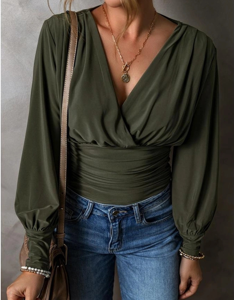 Moss Green Ruched Wrap V Neck Long Sleeve Bodysuit